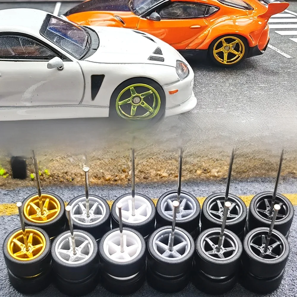 Roues avec poignées amovibles, pneus en caoutchouc, rayon pentagramme pour modèle de jouet, voitures moulées sous pression, pièces de tous les jours pour Hotwheels (5 voitures), 1/64