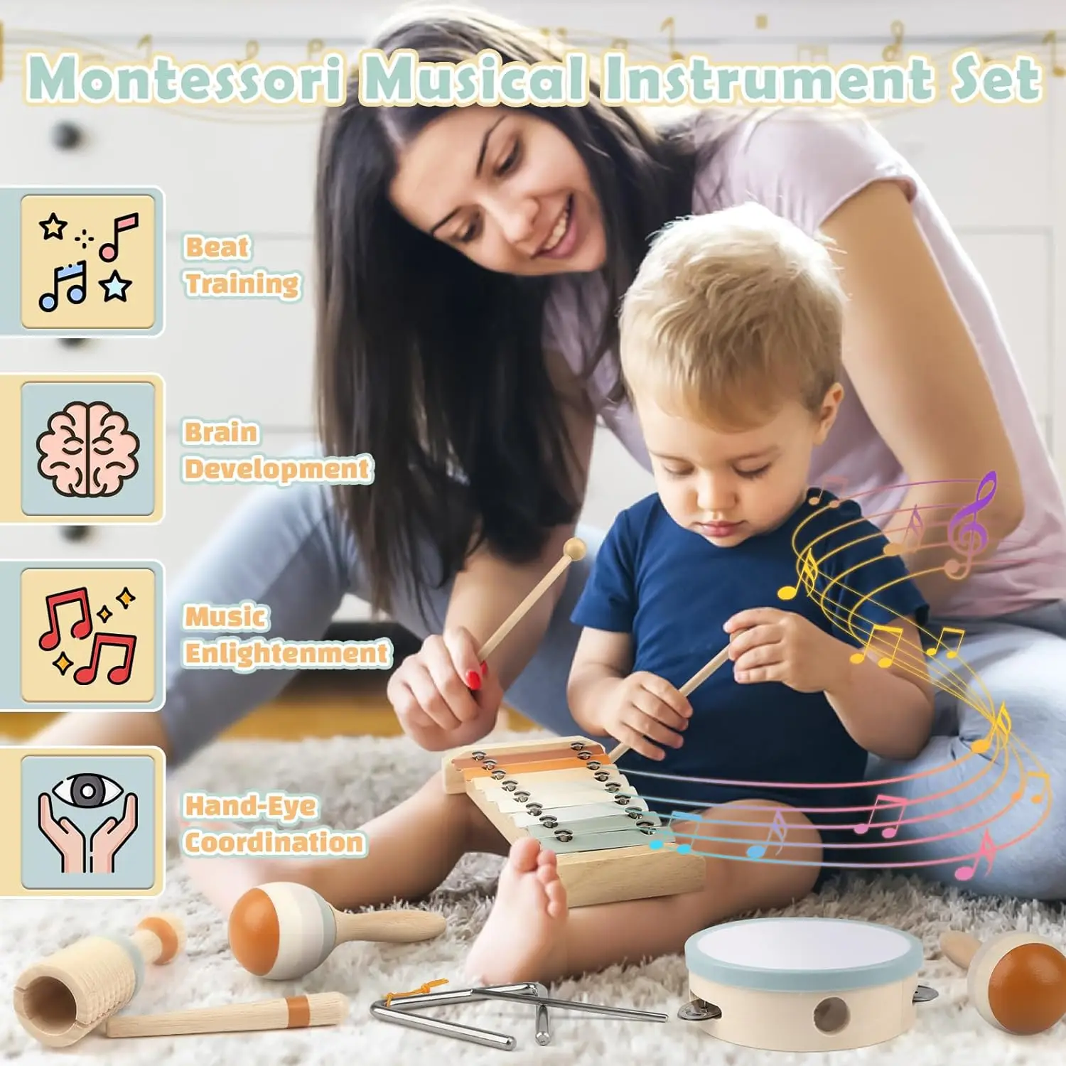 Instruments de musique pour bébé, jouets en bois Montessori, ensemble de Xylophone à Percussion pour les tout-petits, cadeaux éducatifs préscolaires