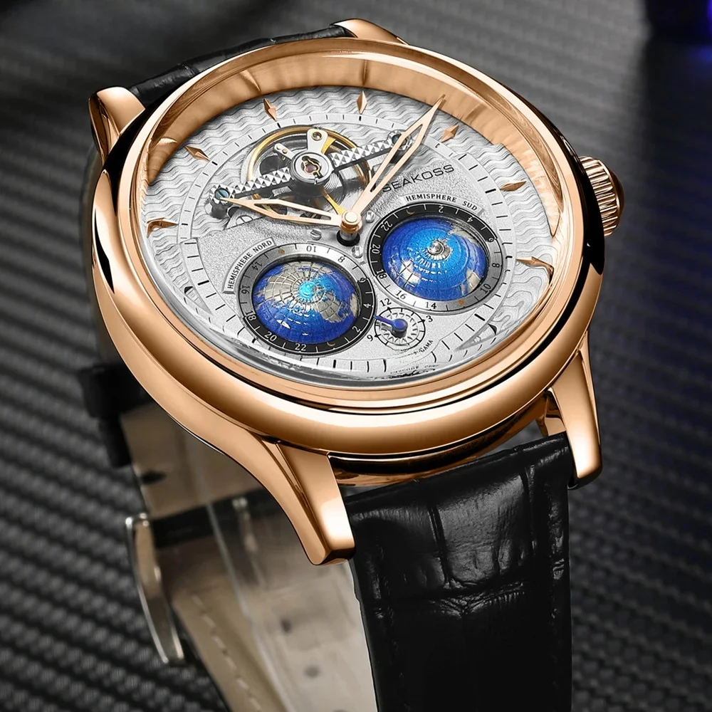 SEAKOSS Luxe dubbele aarde roterende mechanische herenhorloge Automatisch uurwerk Waterdichte klok Piloten Heren 1963 vliegwielhorloges - afbeelding 2