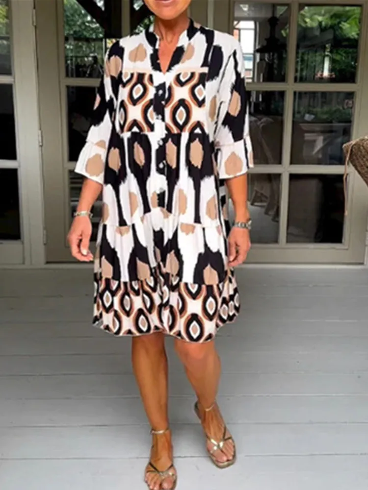 

SKMY 2025 Fashion New Printed Dress Summer Women Clothing Party Clubwear Stand Collar Three-Quarter Sleeve Midi Dresses