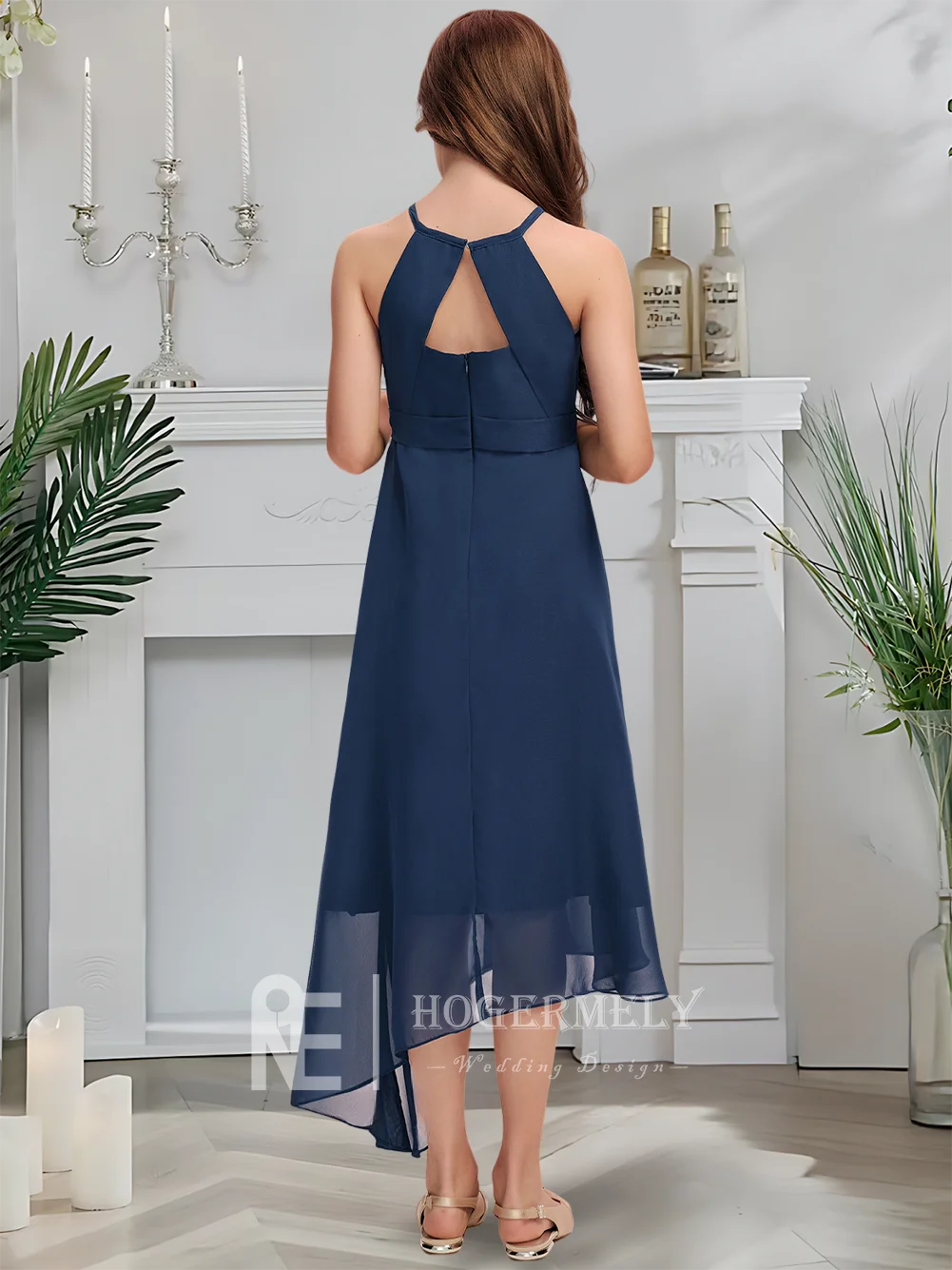 Роскошное платье подружки невесты с лямкой на шее, серебряное платье с цветочным узором для девочек с лунным разрезом, шифоновое платье длиной до пола с каскадными складками на свадьбу