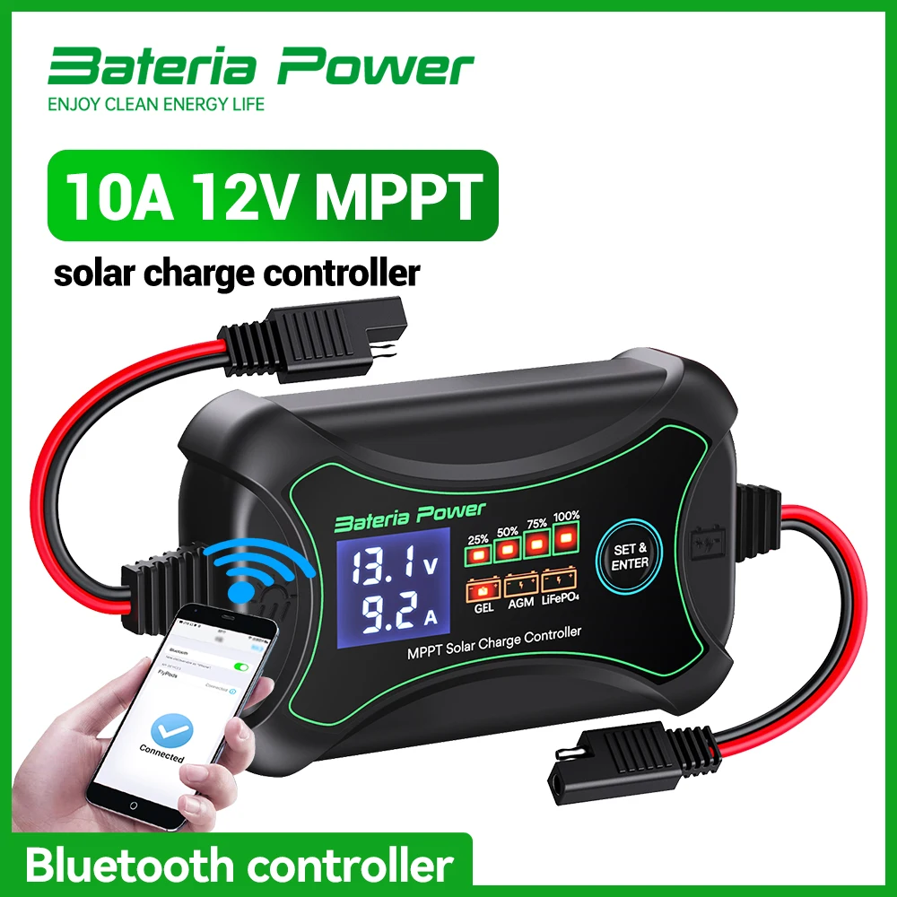 

10A MPPT Wireless Solar Charge Controller with BT, 12 Volt Phone APP Intelligent Control Solar Regulator