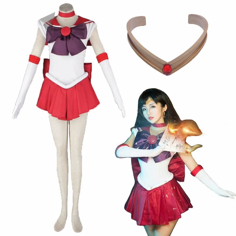 Anime Sailor Reing Hinoes Sailor Marses Strój Cosplay Sukienka Rękawiczki Kokardy Opaska Naszyjnik Szyte na Miarę Dla Dorosłych Plus Size — zdjęcie 2