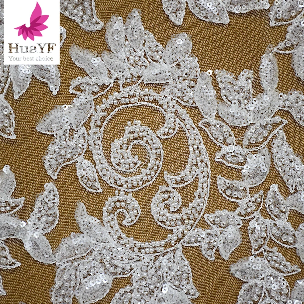 1 Yard High-end Luxury French Bridal Beads Embrodery Net Wedding Lace Fabric HY2041-2