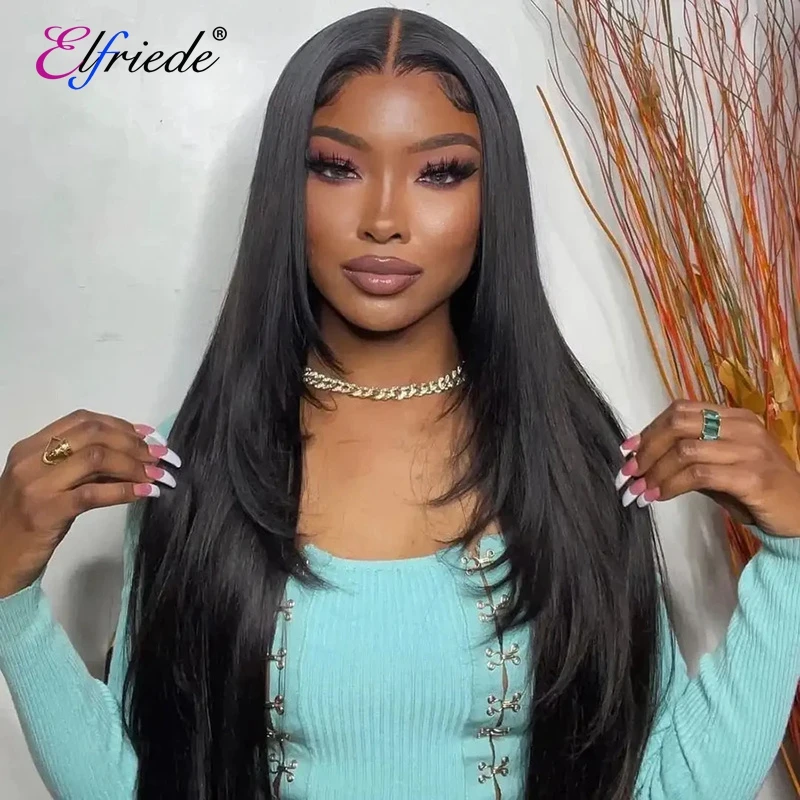 Elfriede Straight Layered Cut HD Lace Wigs Women's 13X4 13X6 Lace Front Natural Black Preplucked Brazilian Remy Human Hair Wigs