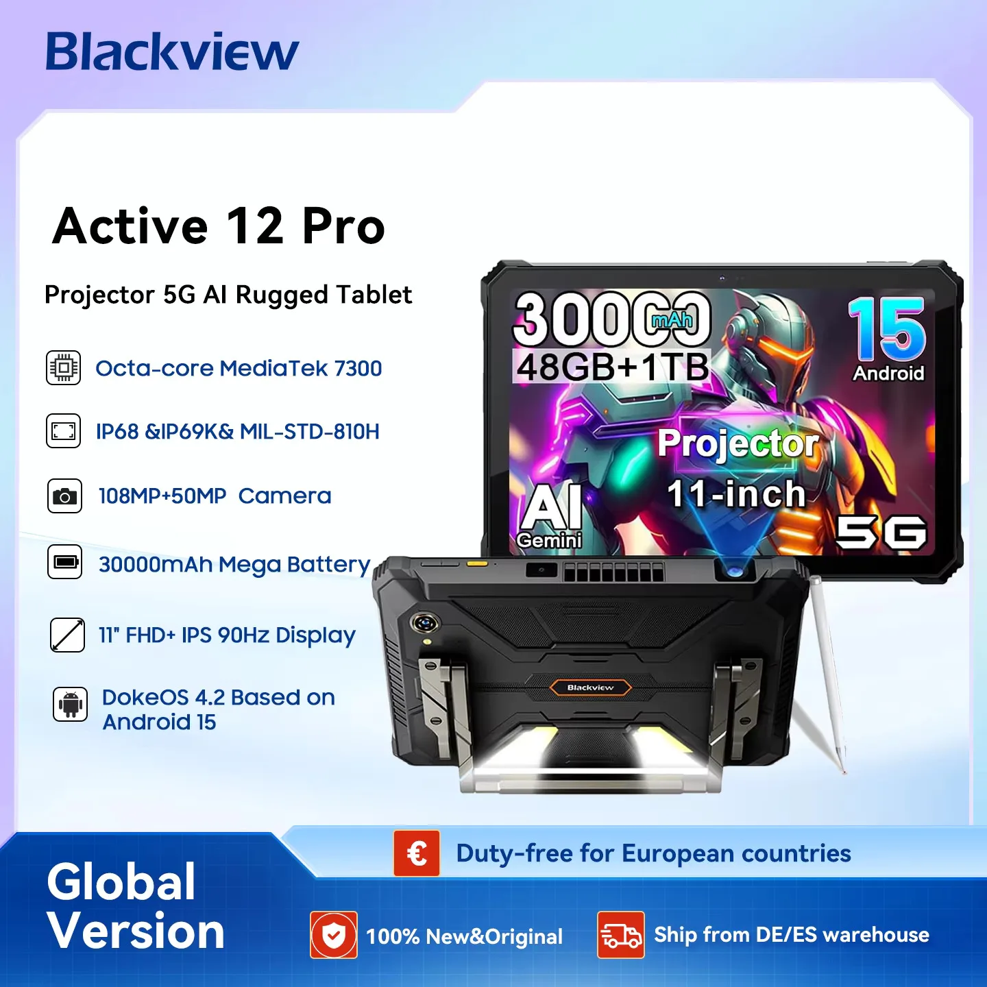 Blackview Active 12 Pro tablette projecteur robuste Android 15, dimension 7300 5G 11 ''Pad, 16GB + 1TB 30000mAh tablette téléphone appel 5G