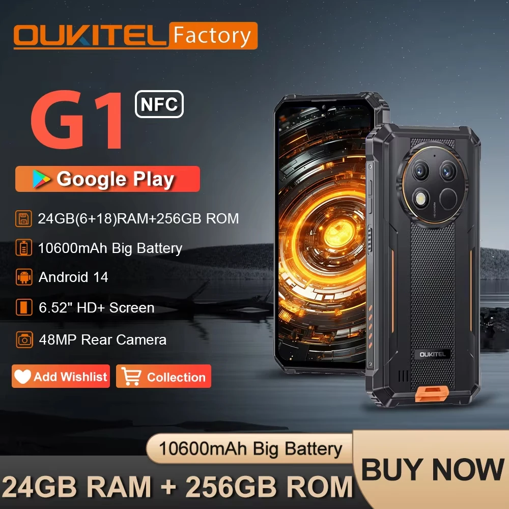 글로벌 버전 오우키텔 G1 러기드폰 6.52인치 HD+ 디스플레이 24(6+18)GB+256GB 10600mAh 48MP 스마트폰 안드로이드 14 NFC