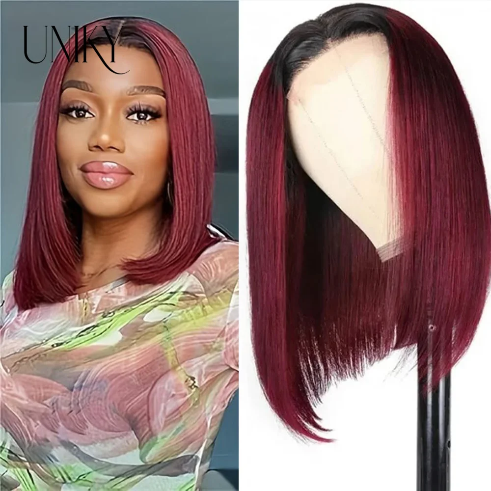 

UnikyhairT1B/99j Burgundy Red Straight Bob T Part Lace Frontal Human Hair Wig For Women Colored Indian Straight Glueless bob wig