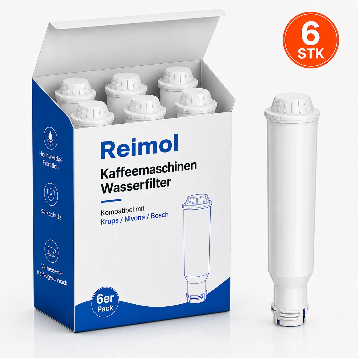 Reimol 6 Stück Wasserfilter für Kaffeemaschinen, kompatibler Aktivkohle-Wasserfilter-Ersatz für Nivona und Krups
