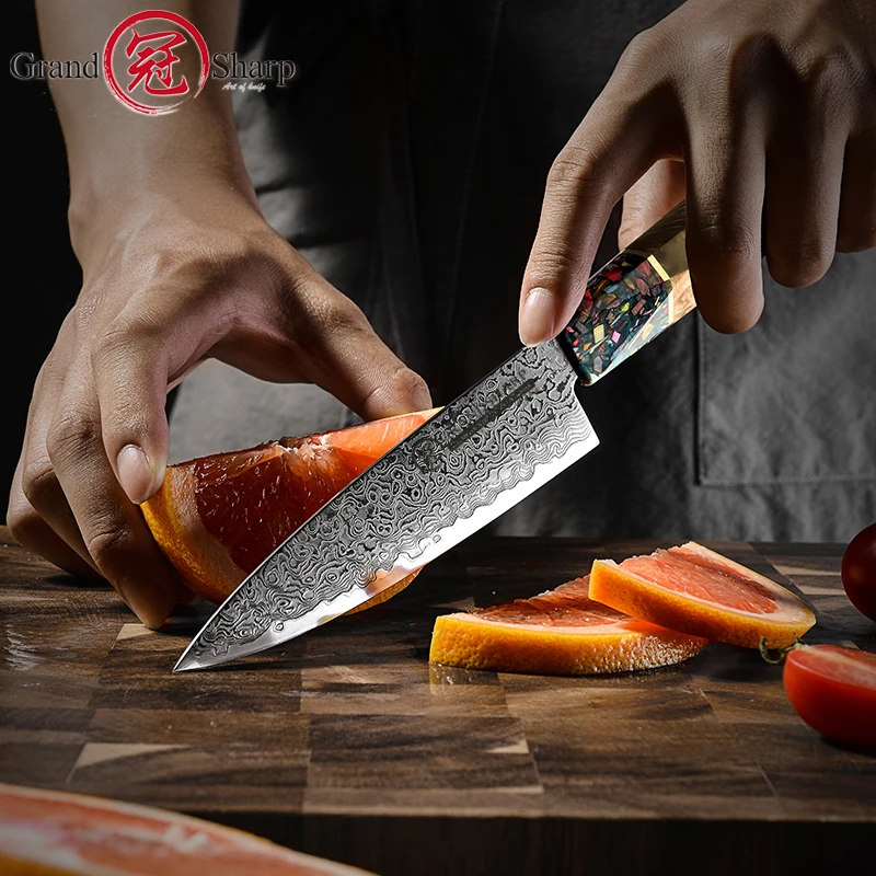 Grandsharp 5.5 Inch Utility Knife Ultra Sharp Japanese Damascus Steel 67 Layers Chef\'s Kitchen Cooking Tools Red White Handle