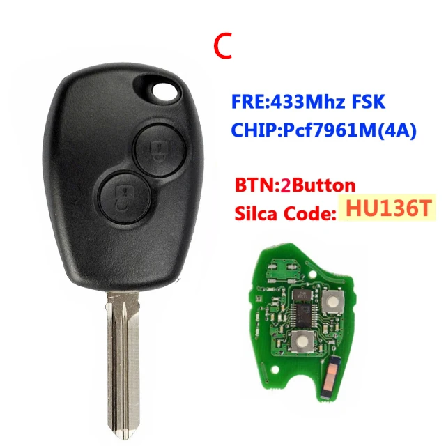 CN010072 2 Button Remote Car Key for R-enault 433mhz With PCF7961M 4A Chip VA2 Round Button