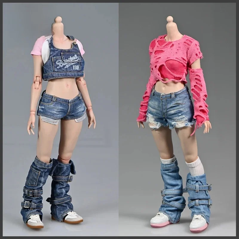 1/6 Schaal Vrouwelijke Gewassen Denim Vest Been Cover Shorts Rimpel Gat T-shirt Kleding Model Fit 12 ''Soldaat Action Figure body Poppen - afbeelding 2