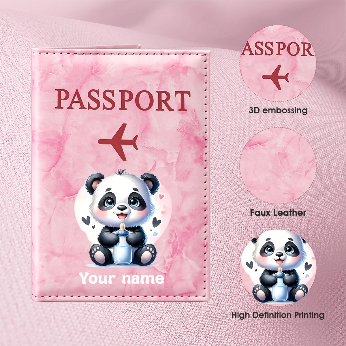 

Personalized Name Custom Cute Panda Illustration Design PU Passport Holder, Adorable Panda Holding Heart Pattern