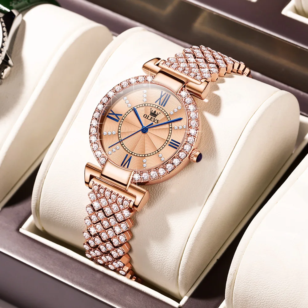 

OLEVS 9942 Elegant Diamond Quartz Watch for Women Rose Gold Steel Strap Waterproof Ladies Dress Wristwatch Christmas Gift