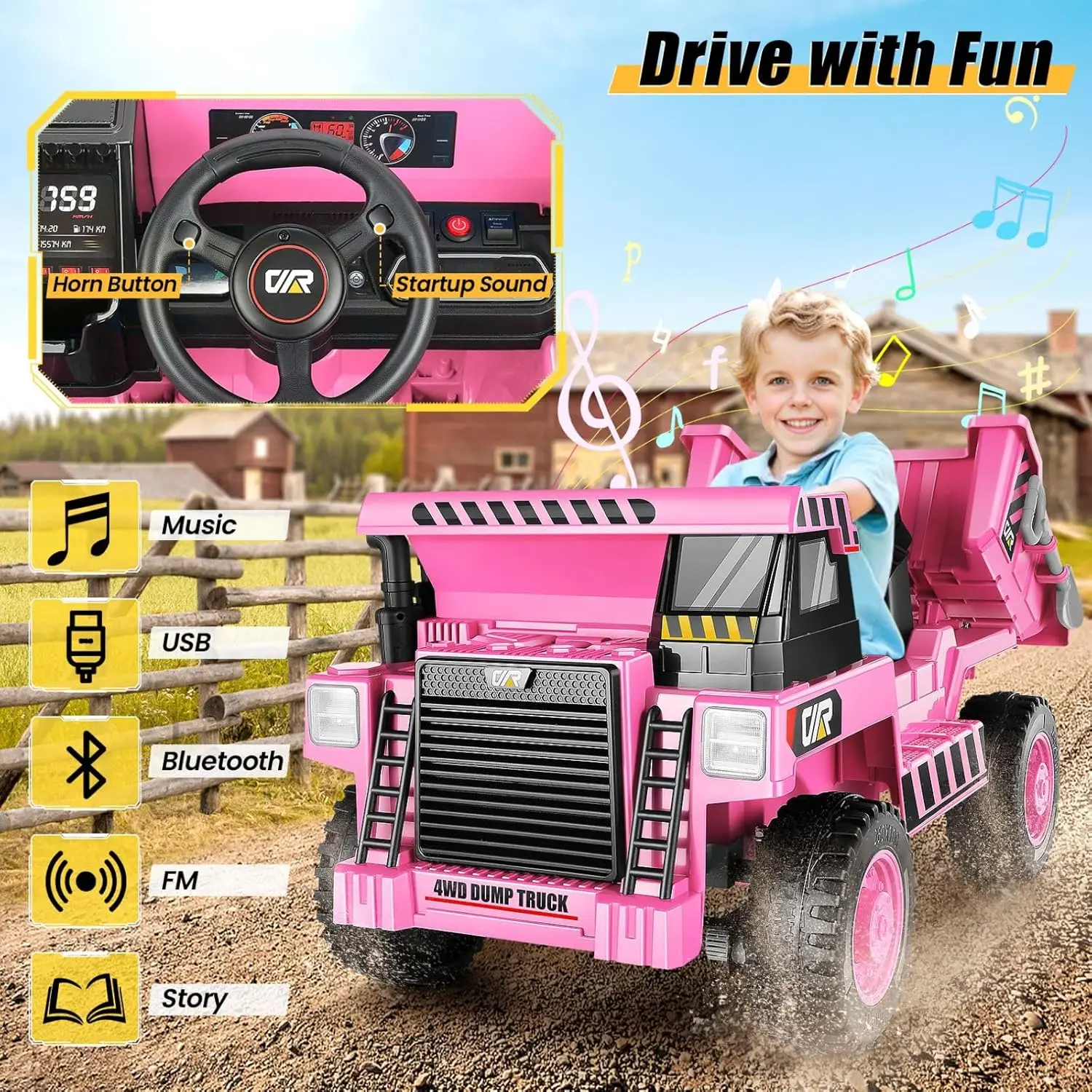 Camion à benne basculante pour enfants, voiture électrique avec télécommande, lit à benne basculante, pelle, Bluetooth, véhicule de construction, rose