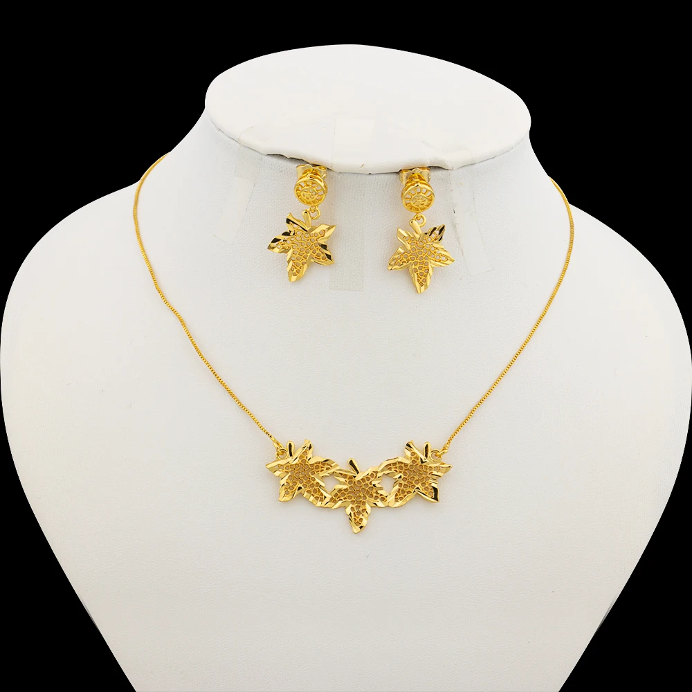 Gold Color Jewelry Sets Cute Necklace Earrings Flower Leaf Star Pendant Exquisite Link Chain Ear Stud Romantic Lover Gift Party