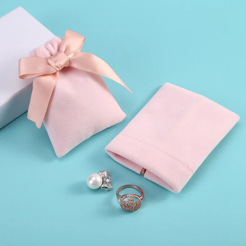 10 sztuk/partia 7x9cm różowa aksamitna wstążka torba sznurkiem kolczyki pierścionki naszyjnik bransoletka ślub prezent na boże narodzenie woreczki do przechowywania — zdjęcie 2