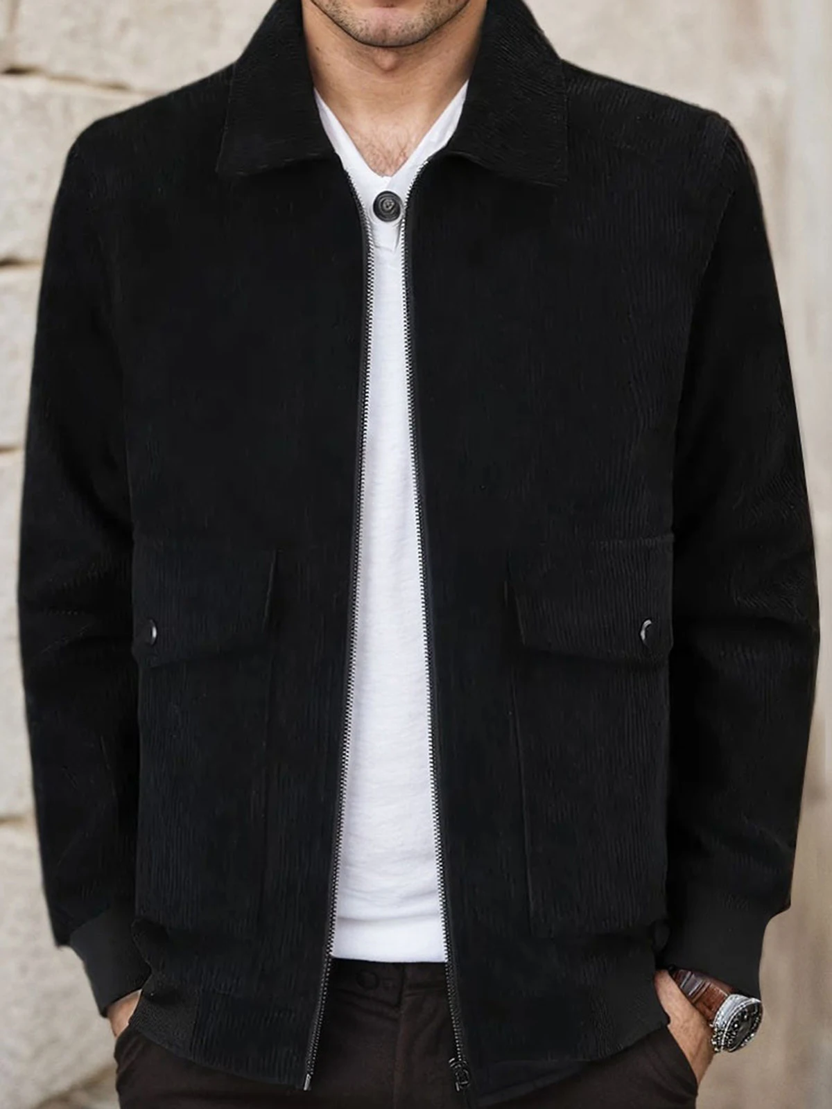 

Men's Corduroy Cargo Jacket Zip Up Lapel Shacket Coat with Flap Pocket Casual Loose Fall Shirt Trucker Jackets