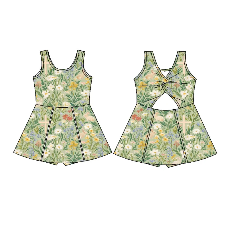 Easter Boutique Children's Set Dress Girls Series Suspender Back Bunny Print Girls Dress Shorts Lined Girls Clothing
