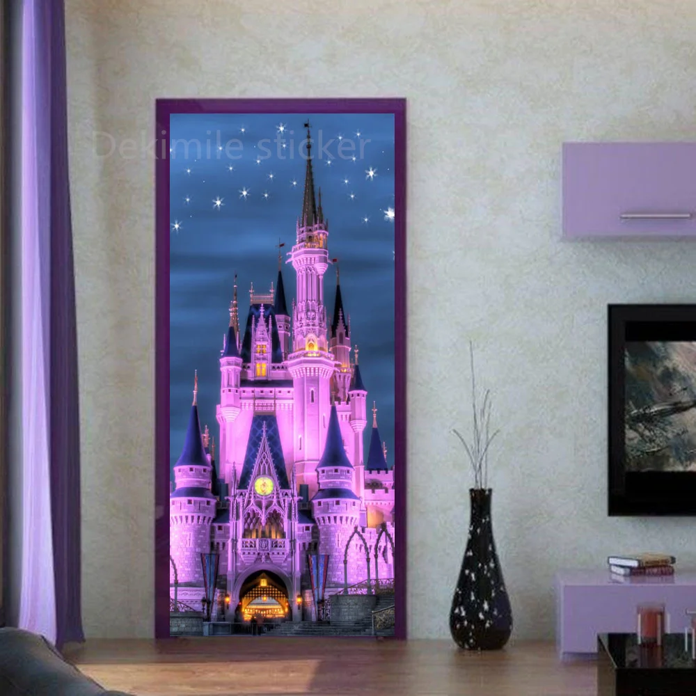 3D Removable Purple Landscape Door Sticker Vinyl Decal Adhesive Unicorn Bouquet 3D Wallpaper For Bar Living Room Home Door Decor
