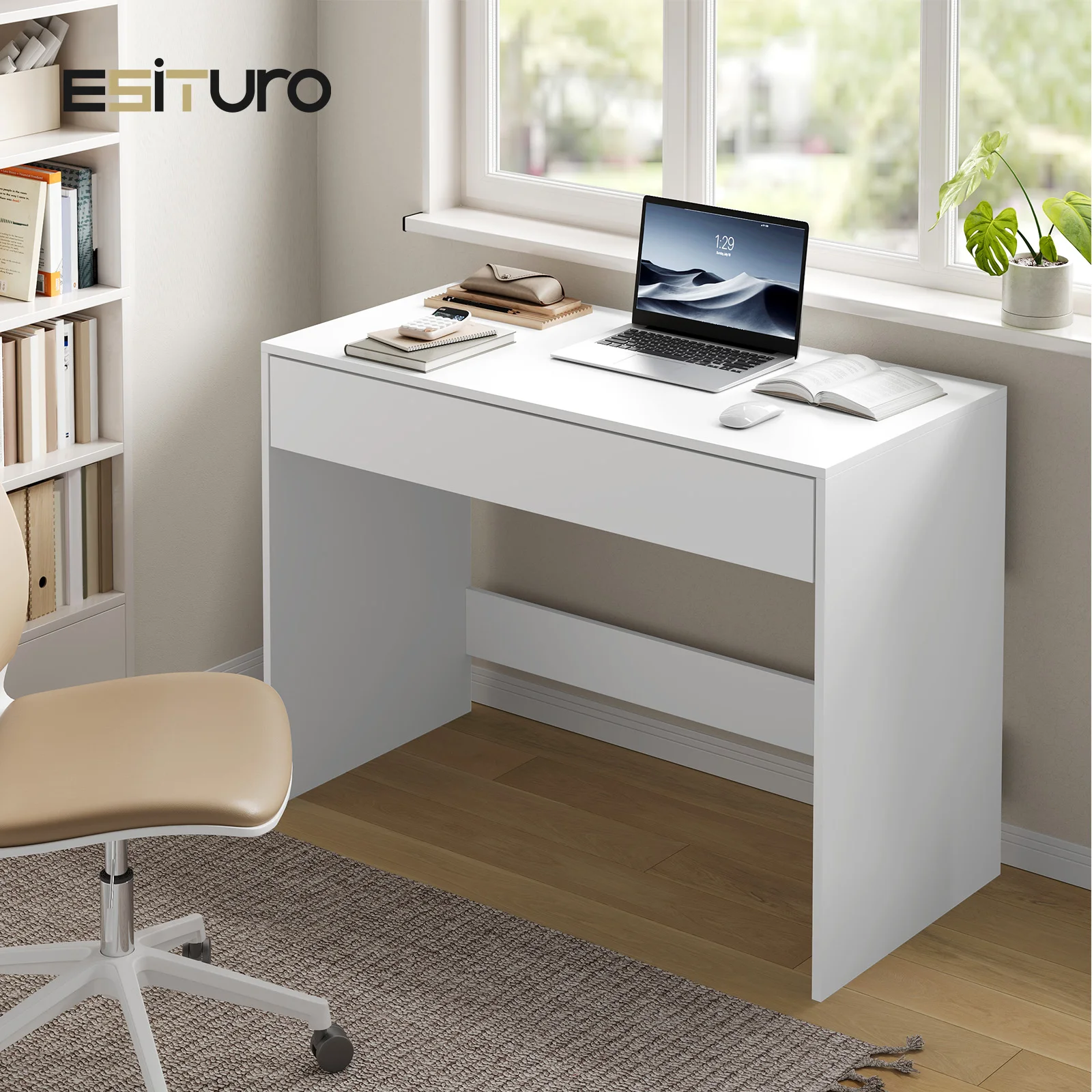 Weißer Computertisch mit 1 Schublade und Stauraum, 100 x 50 x 75 cm, PC-Laptop-Tisch, Bürotisch, Arbeitsplatz für Wohnzimmer, Heimbüro, Arbeitszimmer