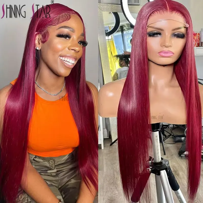 13X4 Red 99J Straight Lace Frontal Human Hair Wig Hd Lace Frontal Wigs Burgundy Colored Brazilian Human Hair Wig Pre Plucked