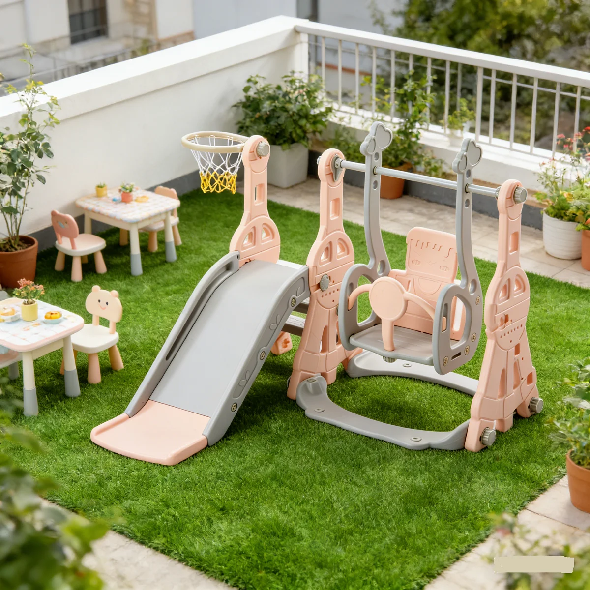 Parque Infantil 4 en 1: Tobogán, Columpio, Trepa y Aro 🌈