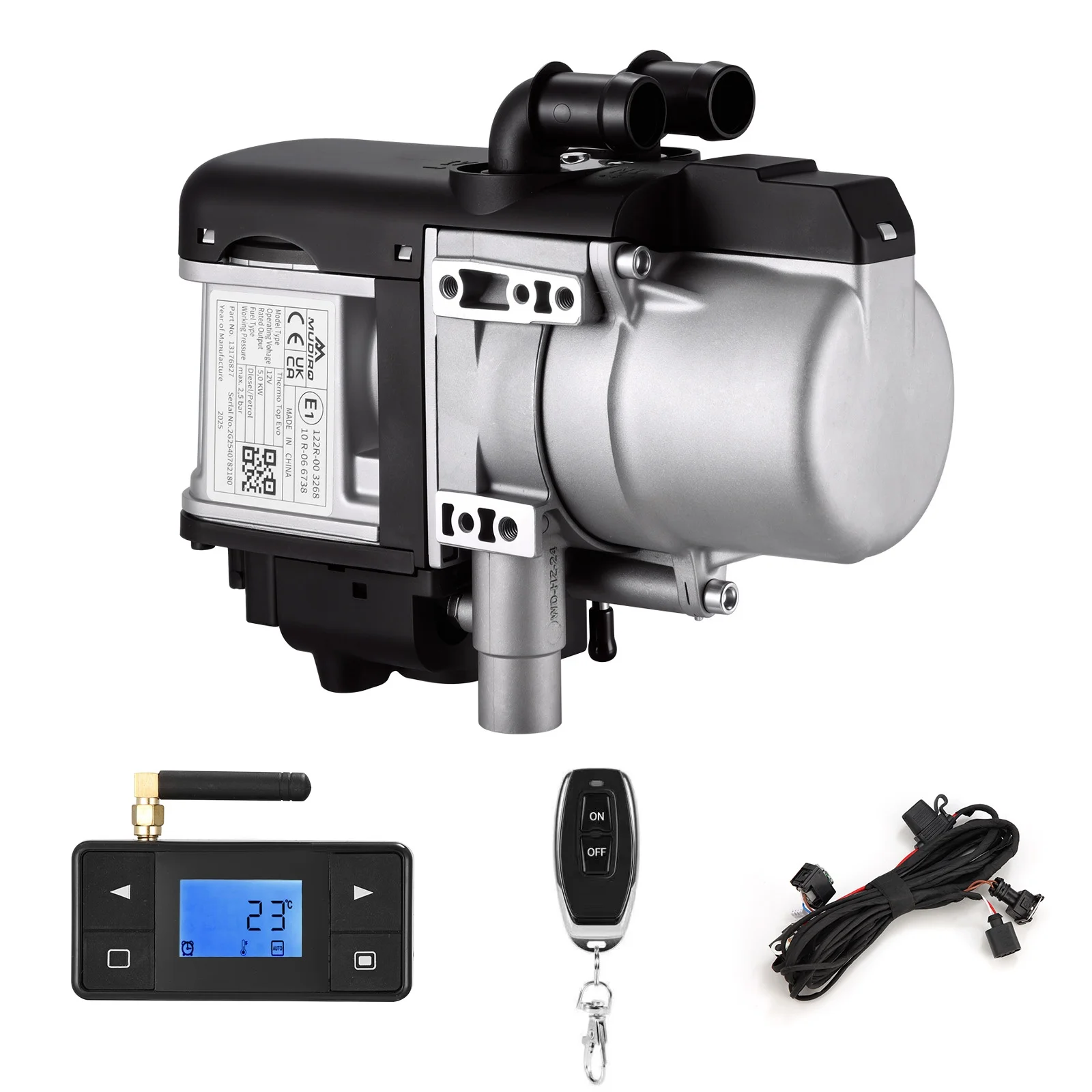 12 V-os 5 kW-os MUDIRO üzemanyaggal működő folyékony fűtőberendezés okostelefon-vezérléssel, távirányítóval, LCD kapcsolóval, kefe nélküli vízpumpával teherautókhoz és kisteherautókhoz