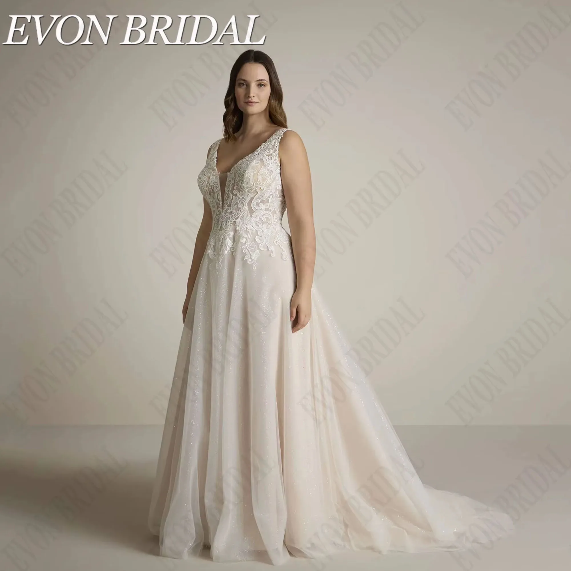 Sparkling Plus Size Wedding Dresses For Bride Sleeveless Bride Gowns A-Line Applique vestidos de novia EVON BRIDAL Customized
