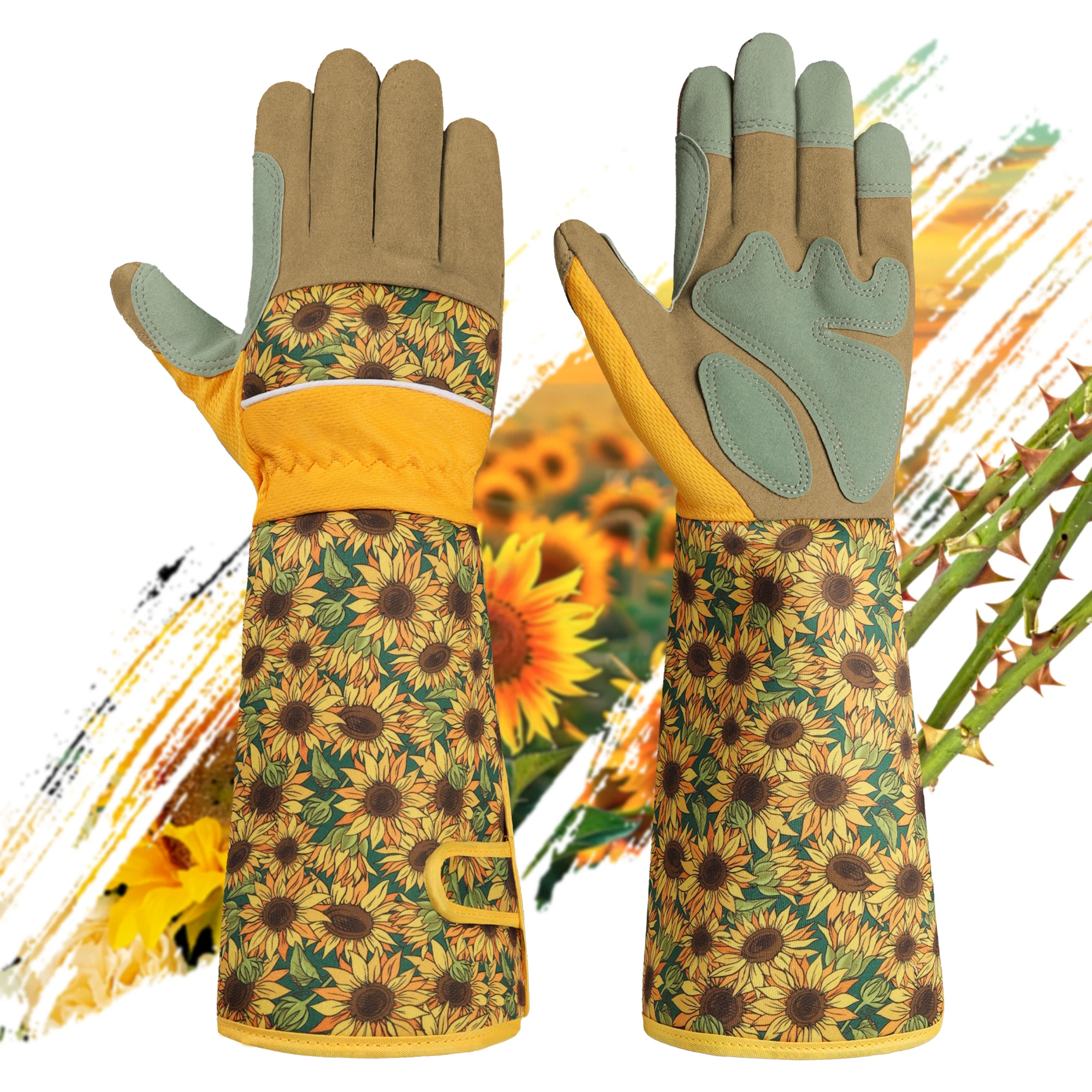 

1 Pair Sunflower Gardening Gloves Long & Short Breathable Adjustable Cuff Garden Work