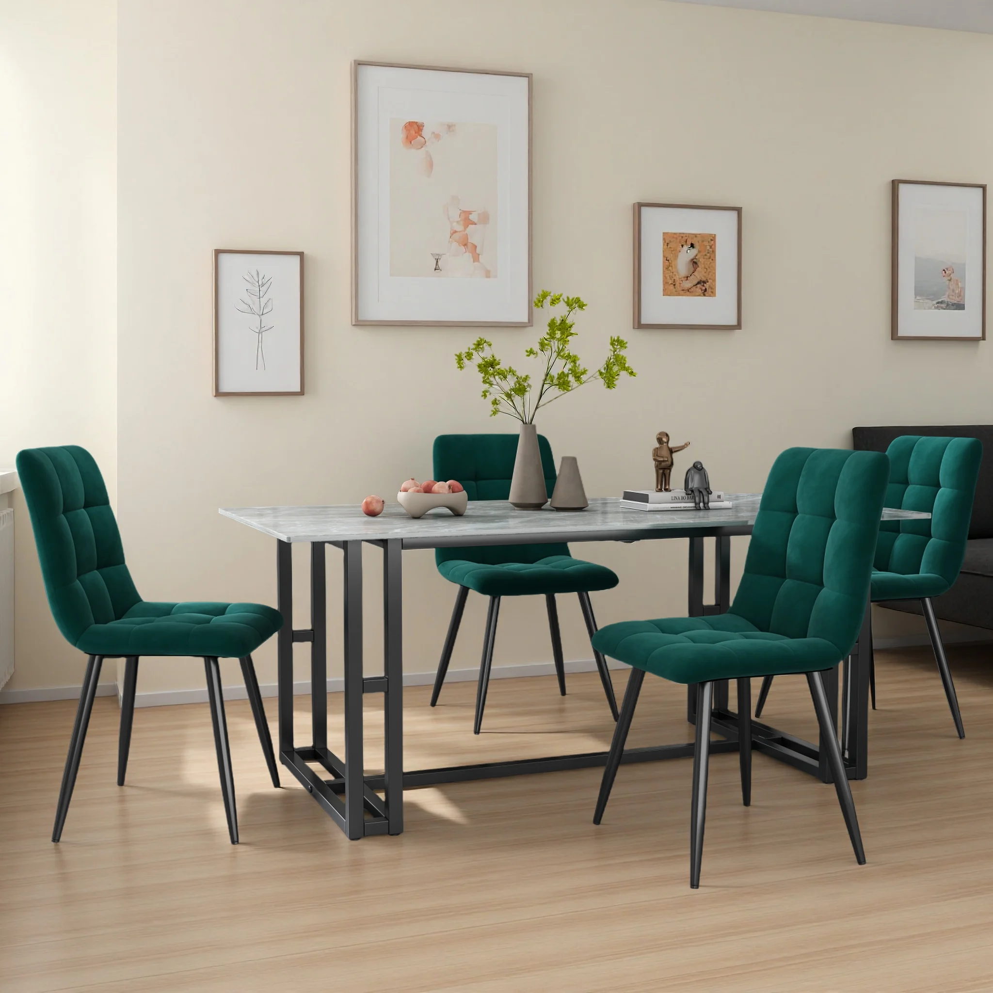 Comanlai 4er-Set Esszimmerstühle, Stuhl mit Samtbezug und Robusten Metallbeinen, für Esszimmer, Küche, Wohnzimmer, Dunkelgrün