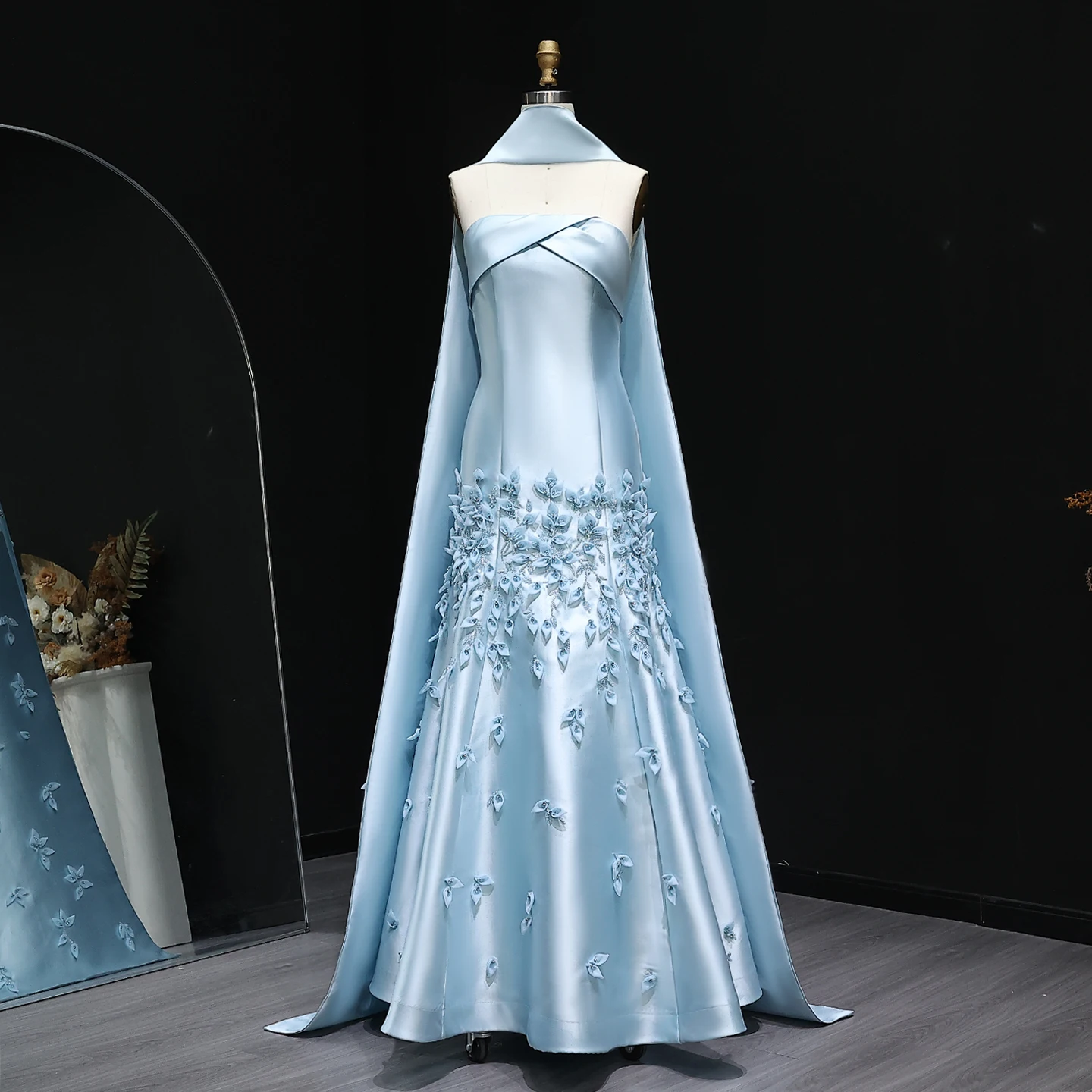 Sharon Said Luxury 3D Leaves Blush Pink Satin Mermaid Evening Dress with Cape Dubai Women Wedding Party Gowns SS463 Customized image 4