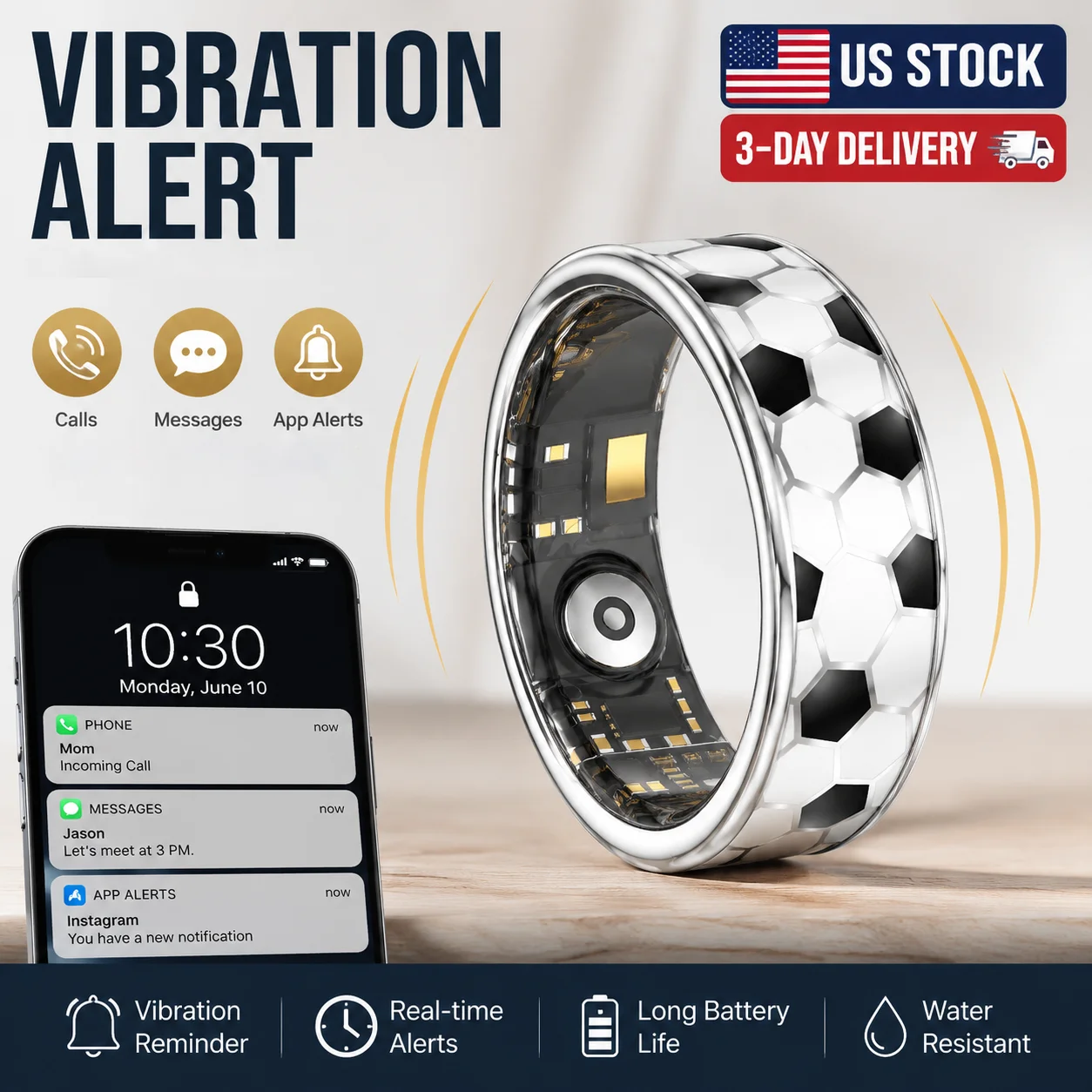 Message Reminder Smart Ring With Football Soccer Rings 2026 New Free Shipping from USA Waterproof Smartring Health Monitoring Sleep Step Counter Smartring for Men Women Free Gift