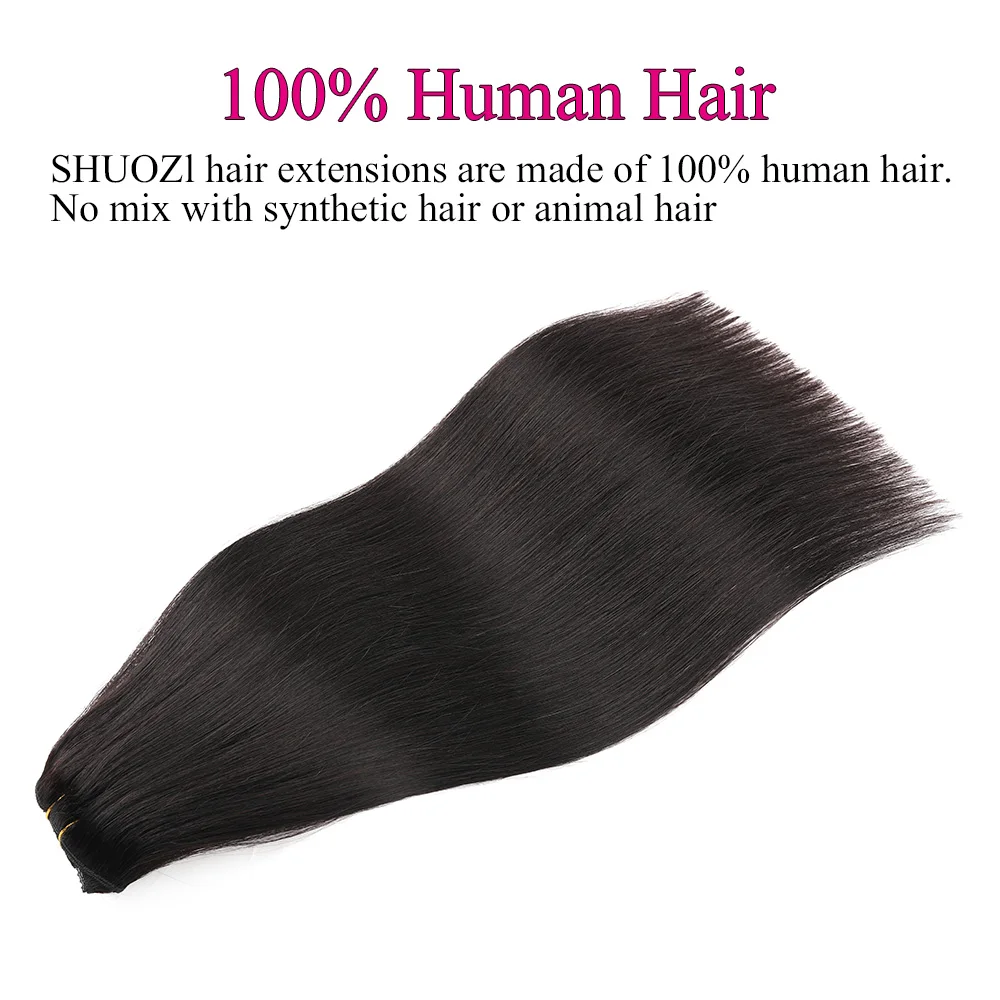 Extensions de cheveux humains à clipser pour femmes et filles, vrais cheveux humains invisibles, noir naturel, 100% cheveux humains Remy