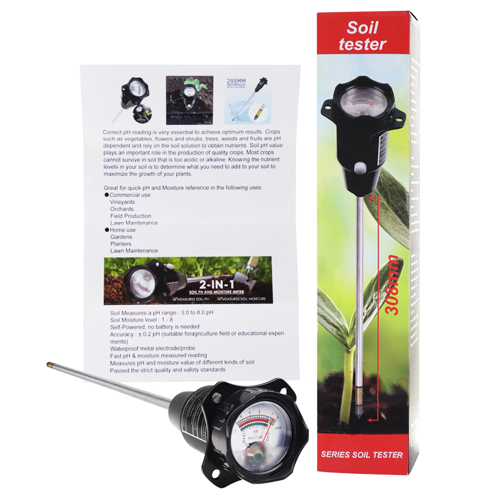 Soil Moisture Meter Plant Watering Test Humidity Detector 308mm Long Hygrometer Waterproof Metal Probe Flower Home Gardening