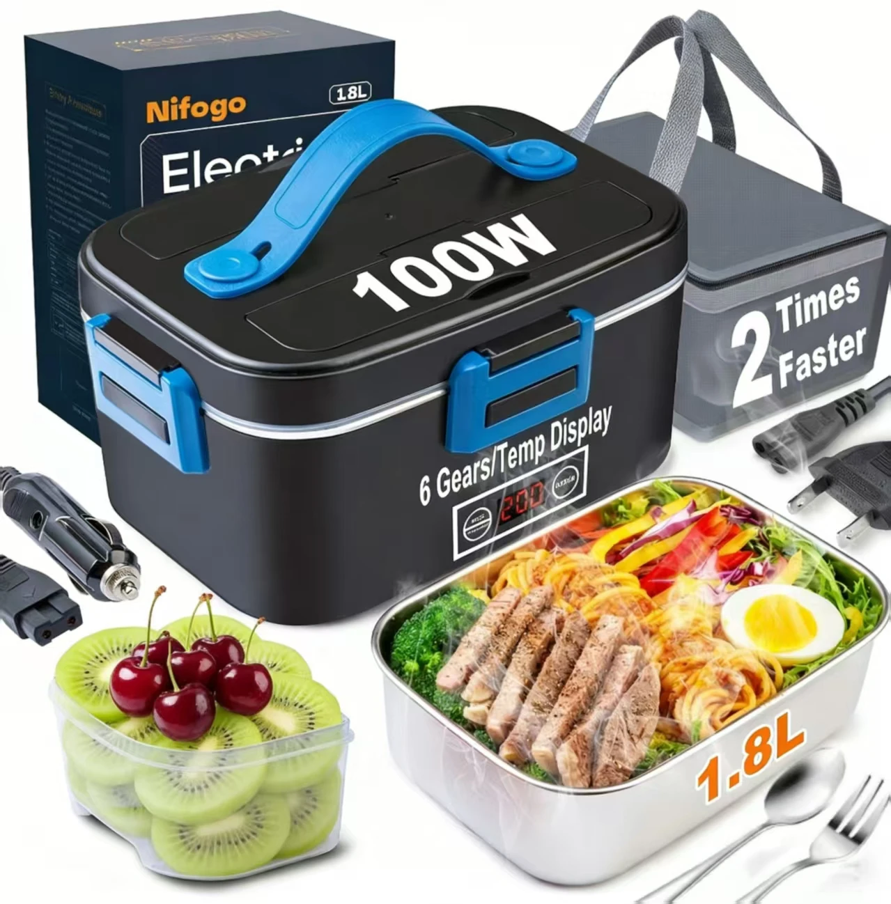 

Электрический ланч-бокс на 100 Вт для взрослых с дисплеем температуры, функцией подогрева и разогрева еды, контейнер из нержавеющей стали объемом 1,8 л.