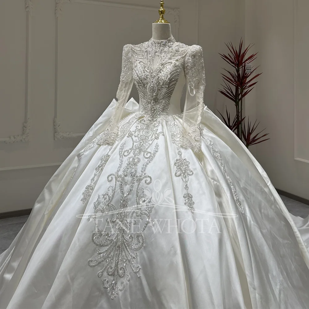Abito da sposa Scollo alto staccabile Manica lunga Con lacci Buco della serratura sul retro Perline con paillettes Abito da sposa con perle di raso