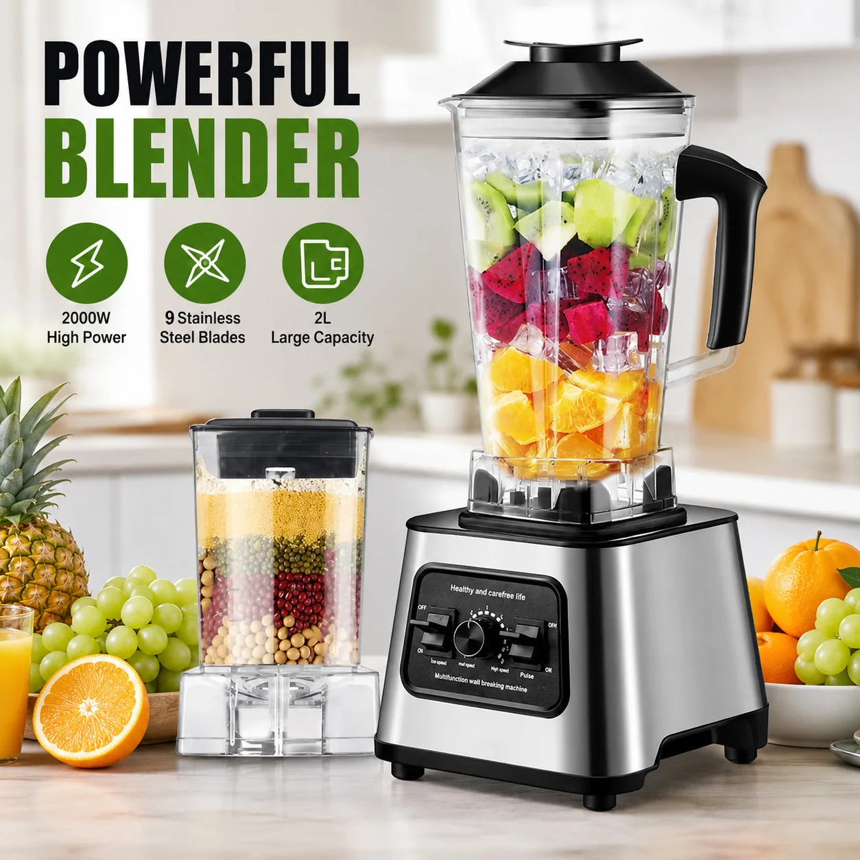 2000W Profi-Standmixer 2L+0,5L Multifunktions-Standmixer, 9-Gang-Smoothie-Maker & Eiszerkleinerer, Hochgeschwindigkeits-Küchenmaschine für Shakes, gefrorene Getränke, Obst & Gemüse