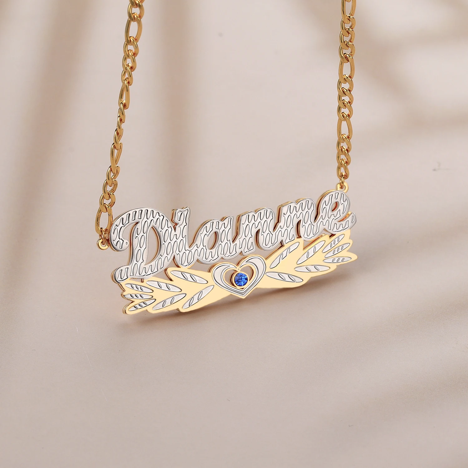 Customized Necklace Name Double Layer TwoTone Wing Heart Nameplate With Birthstone Personalized Custom Gold Plated Name Necklace