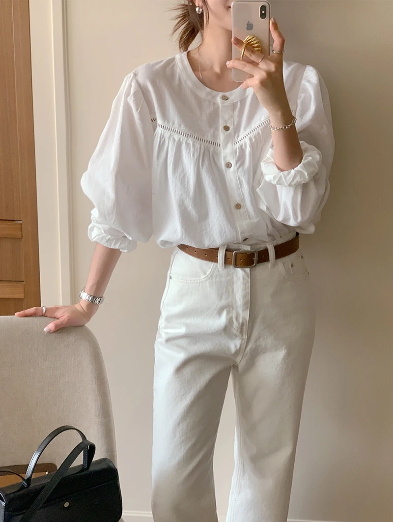 Korean Style Spring New Women Blouses Punching Puff Ssleeve Ring White Long-sleeved Shirt