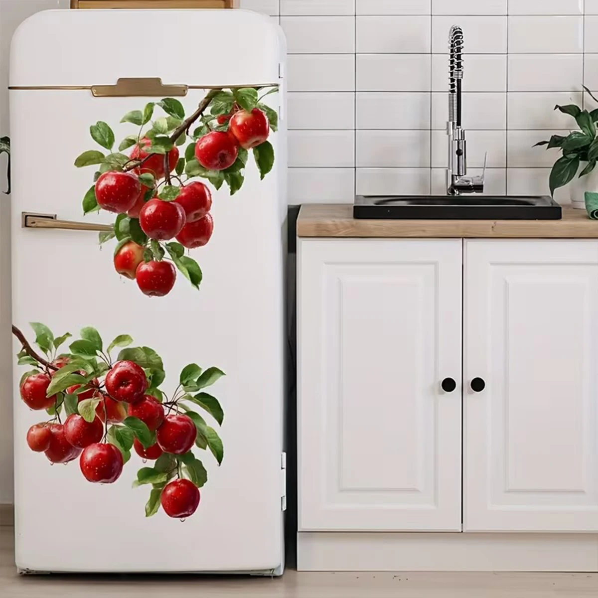 3D Red Apple Refrigerator Magnet, Waterproof Vinyl Wall Sticker, Apple Branch Pattern, Suitable for Kitchen and Home Decoration view 3