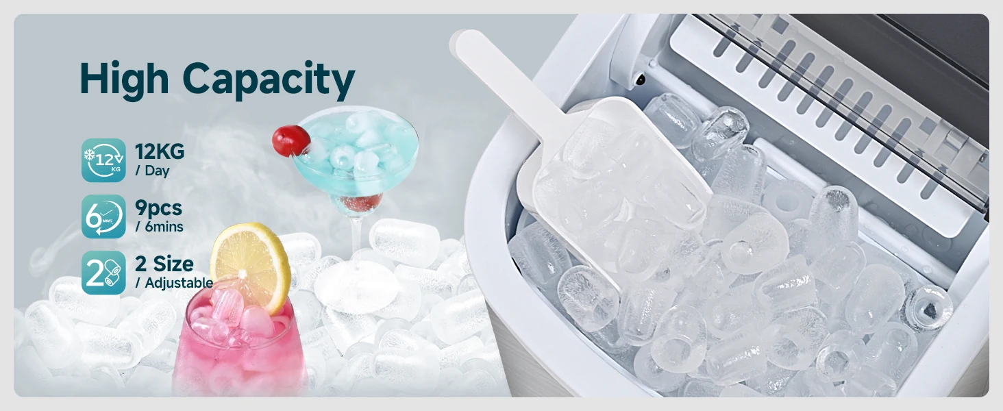 Kleine Eiswürfelmaschine Silber, 9 Würfel in 6 Min, 12kg/24H, 2 Eisgrößen & selbstreinigend für Haushalt/Bar – Detail 3