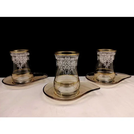 

Gold Gilded Tea Set with Drip Plate Drop Patterned gilded ottoman motif embroidered tea set