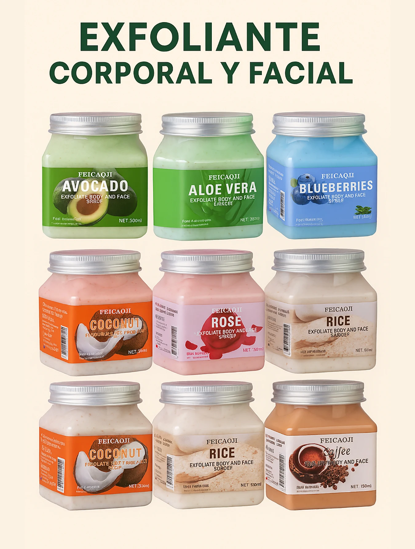 Exfoliante corporal y facial FEICAOJI 350ml con 7 aromas: aguacate, aloe vera, arándanos, coco, rosa, arroz y café. Limpia, hidrata y suaviza la piel con extractos naturales y textura cremosa ideal para uso diario
