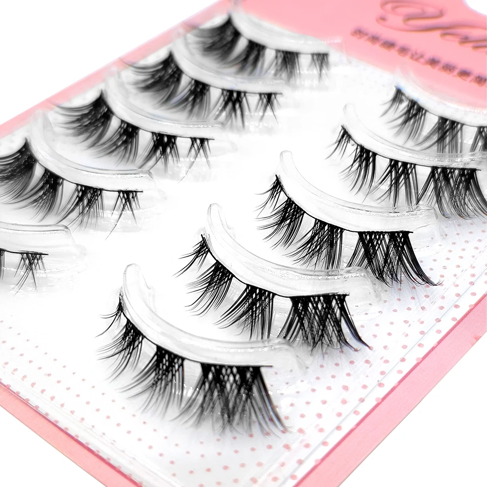 Yelix 5 pairs Strip Lashes Invisible Band Cartoon Eyelashes Soft Mink Fluffy Cat Eye Eyelashes Natural Look Manga Lashes