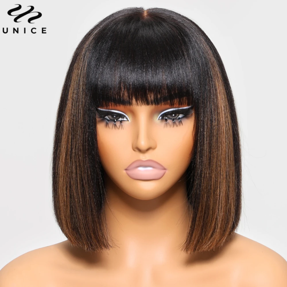 Unice Balayage Highlight Yaki Straight Bob Human Hair Wig With Bangs Middle Part 4x2 Lace Glueless Wig 150% Density
