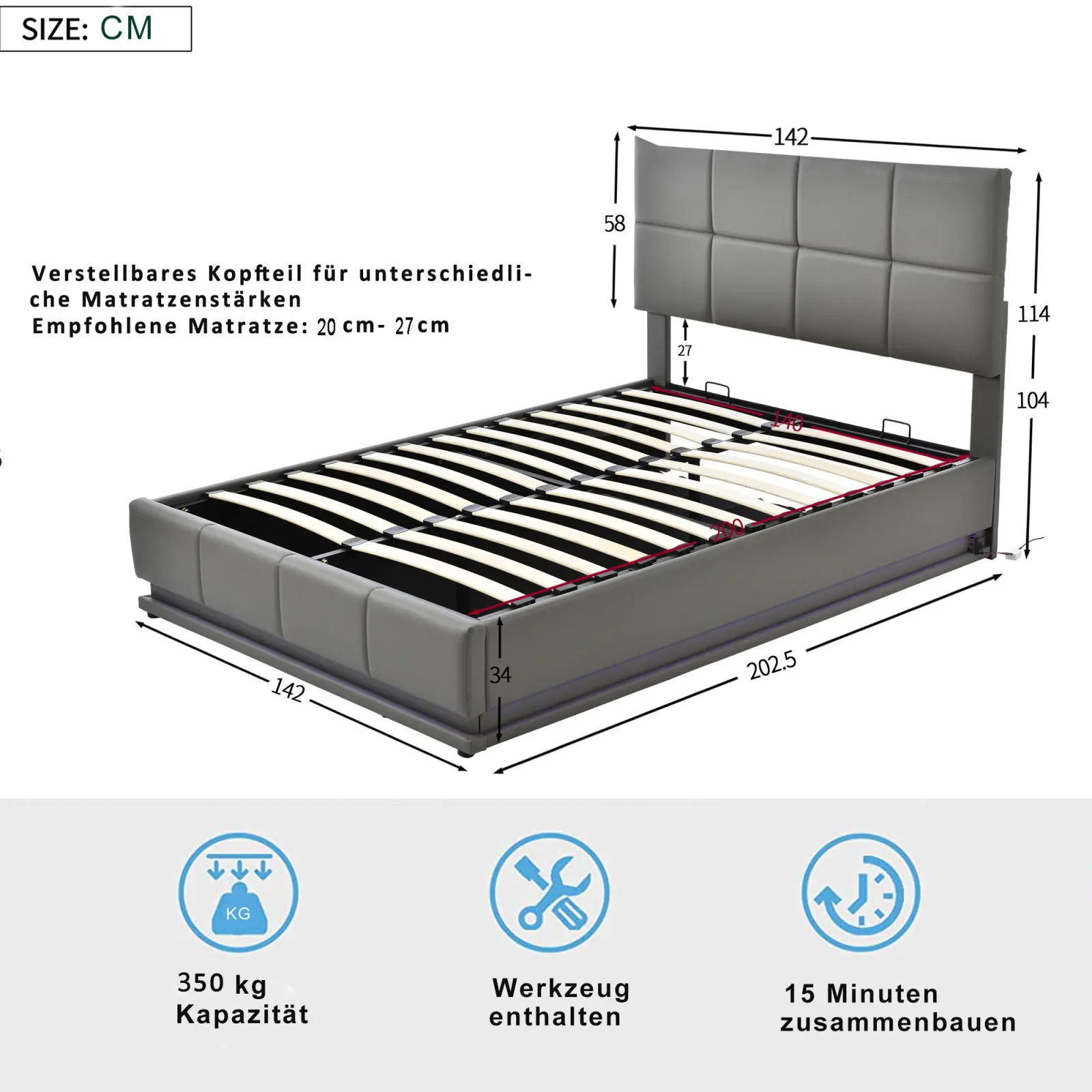140x200 cm Upholstered bed with LED lighting,double bed, hydraulically liftable bed storage space, bed box slatted frame cover
