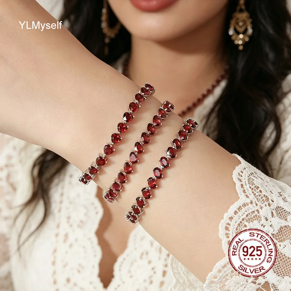 YLMyself 925 Sterling Silver Garnet Tennis Bracelet, 4*6mm Oval T/eardrop, 5*5mm Heart, Fine Jewelry