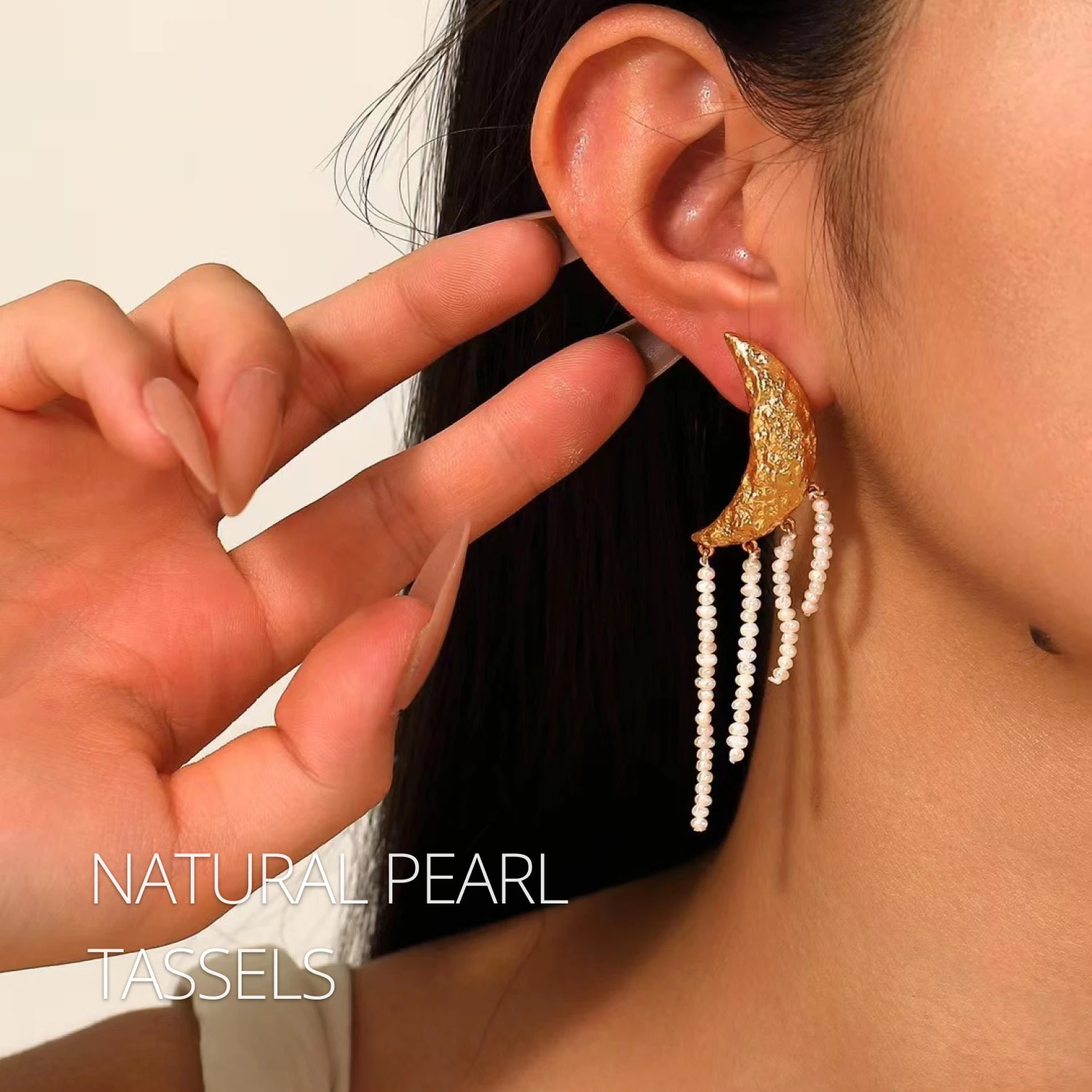 Natural Pearl Tassels Earrings High Quality 24K Gold Plated Crescent Moon Drop Earrings Statement Earrings for Women Gift
