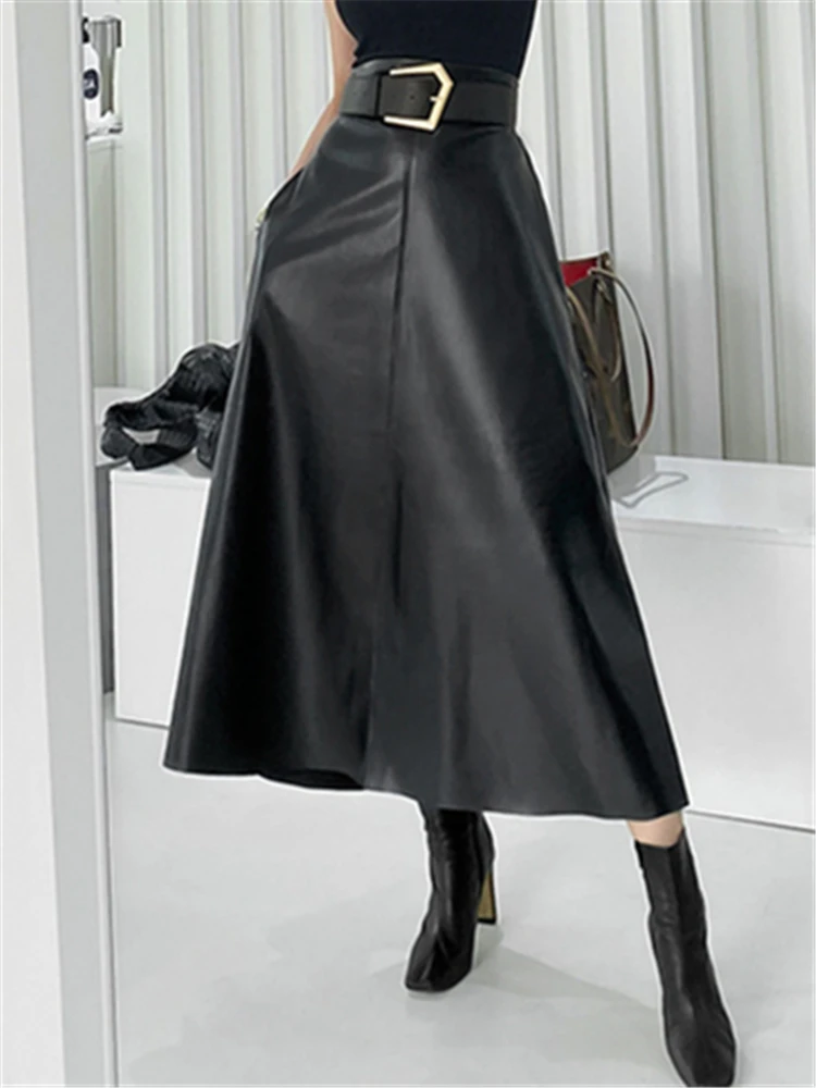 REALEFT Classic Faux PU Leather Long Skirts with Belted New High Waist Fashion Umbrella Skirts Ladies Female Autumn Winter